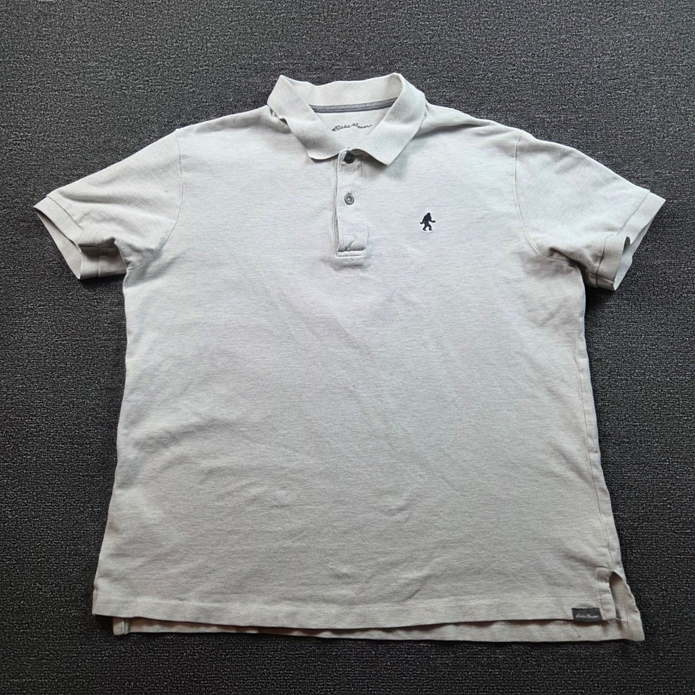 Eddie Bauer Polo Shirt Mens S Grey Bigfoot Sasquatch Embroidered Gorpcore Casual